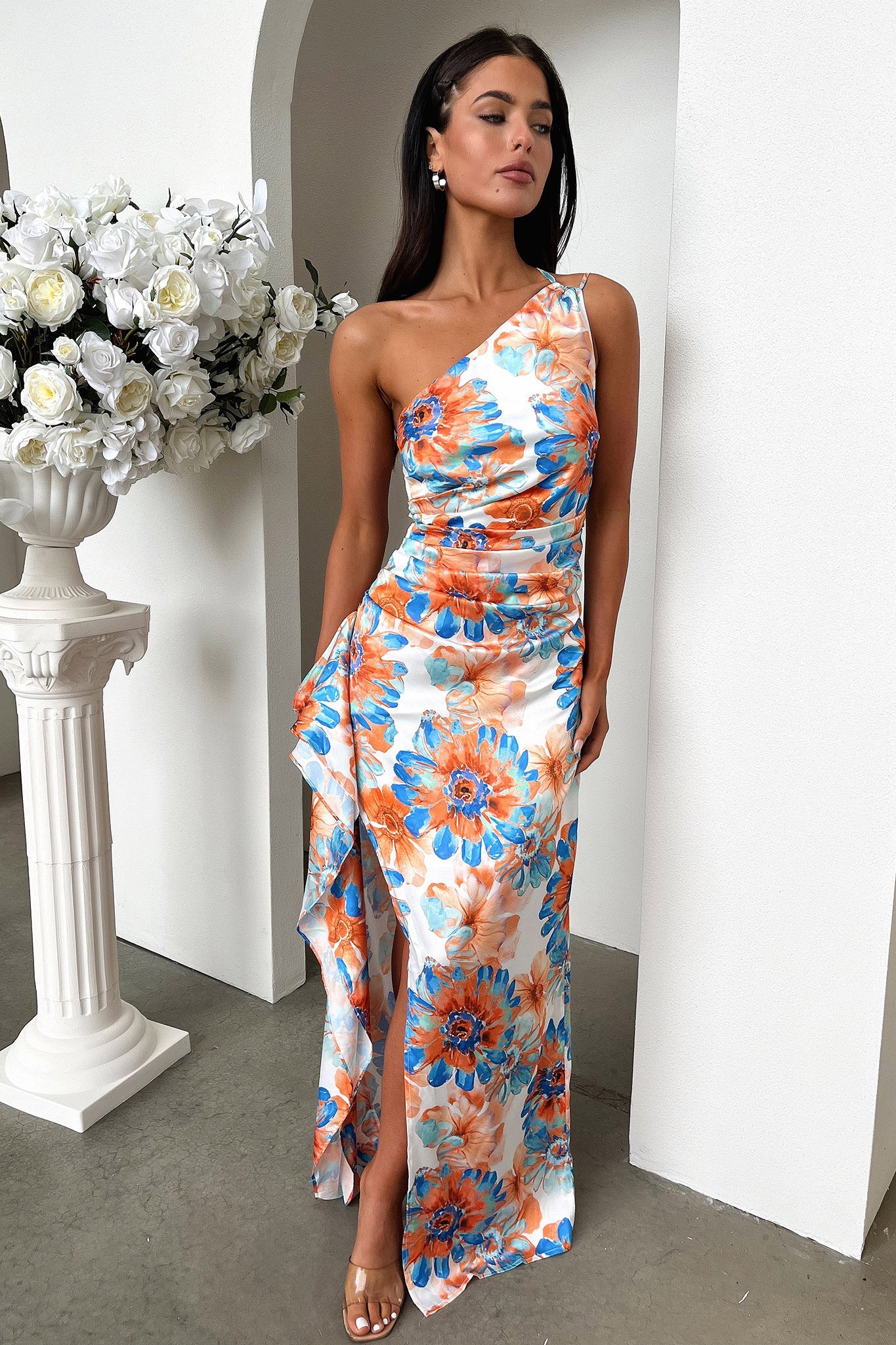 Elianna One Shoulder Satin Maxi Dress - Blue Floral