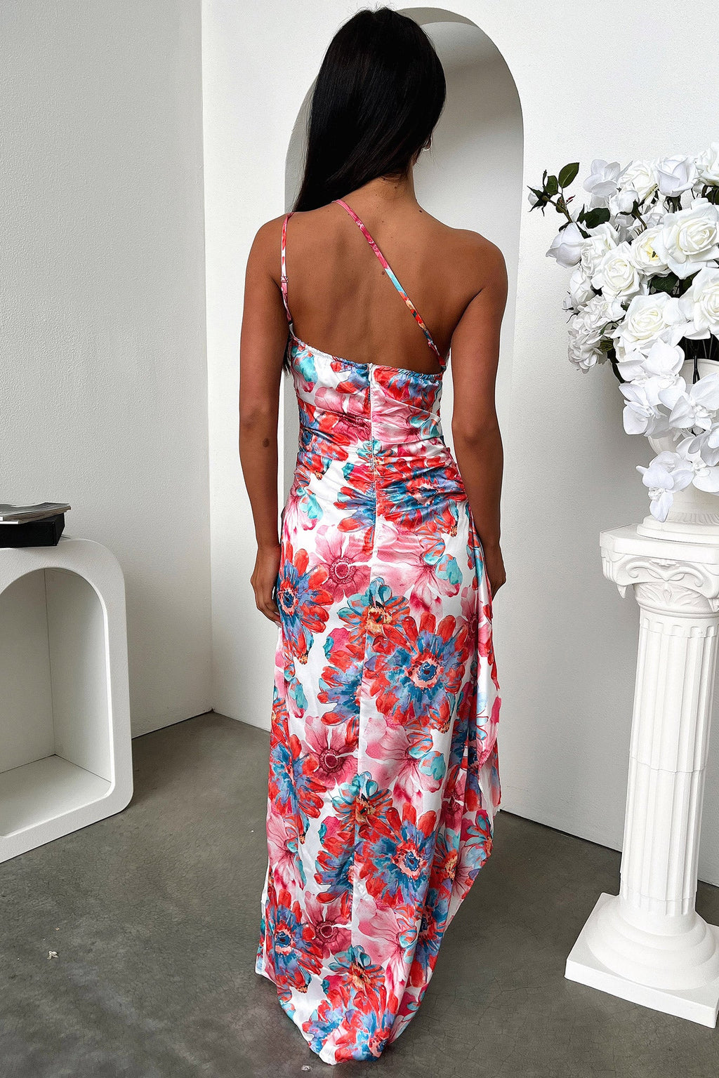 Elianna One Shoulder Satin Maxi Dress - Pink Floral