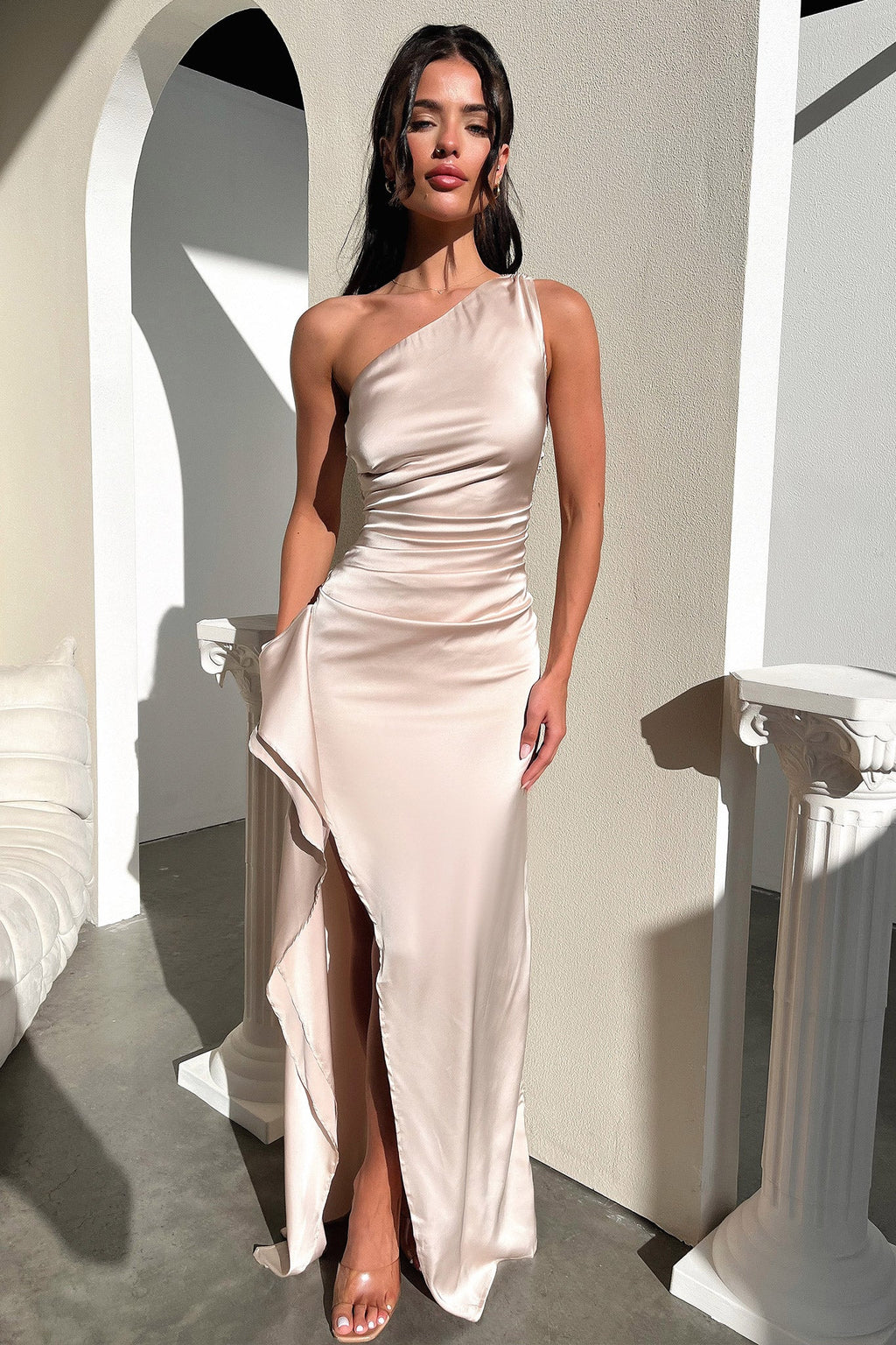 Elianna One Shoulder Satin Maxi Dress - Champagne