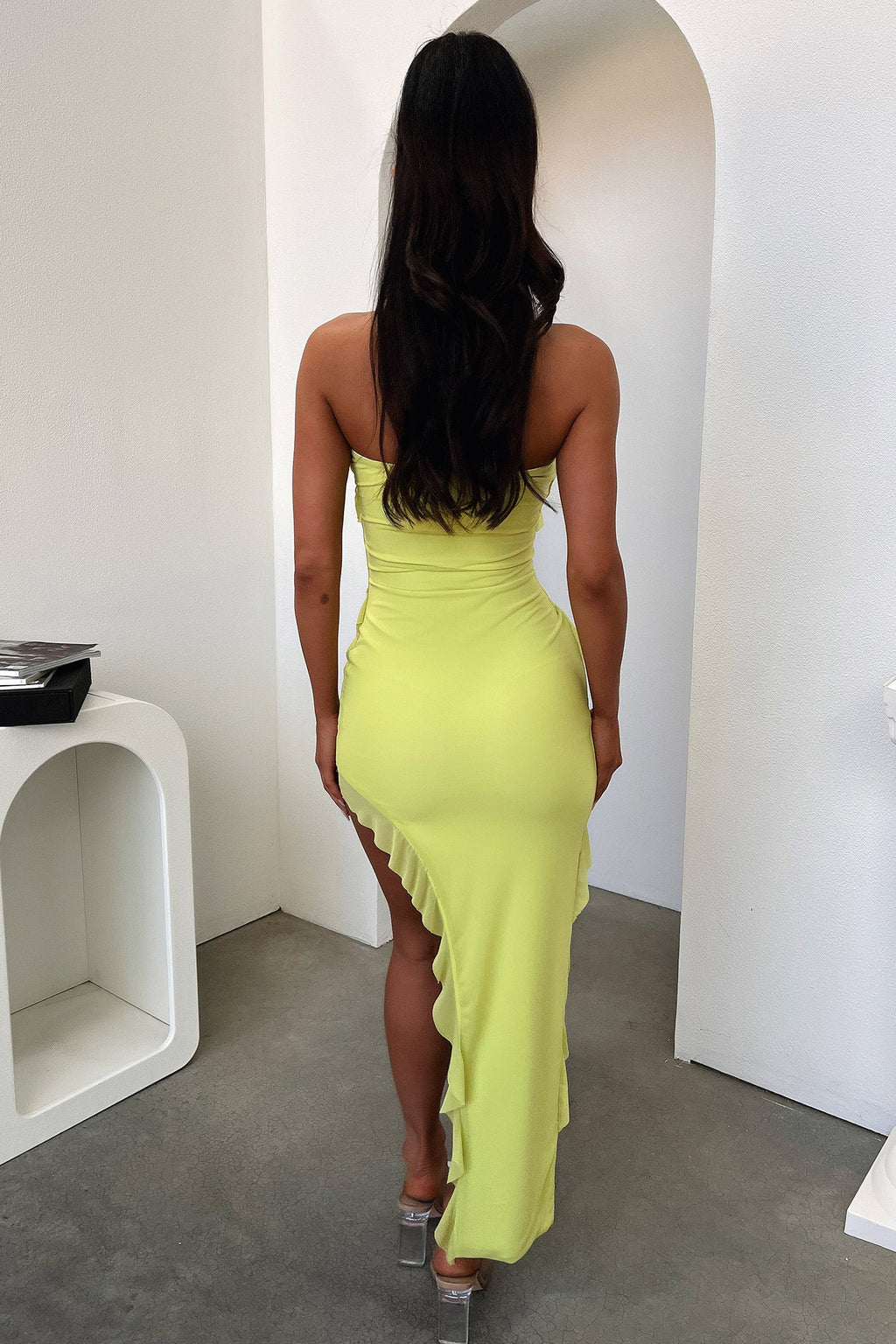 Jadore Strapless Ruffle Midi Dress - Lime