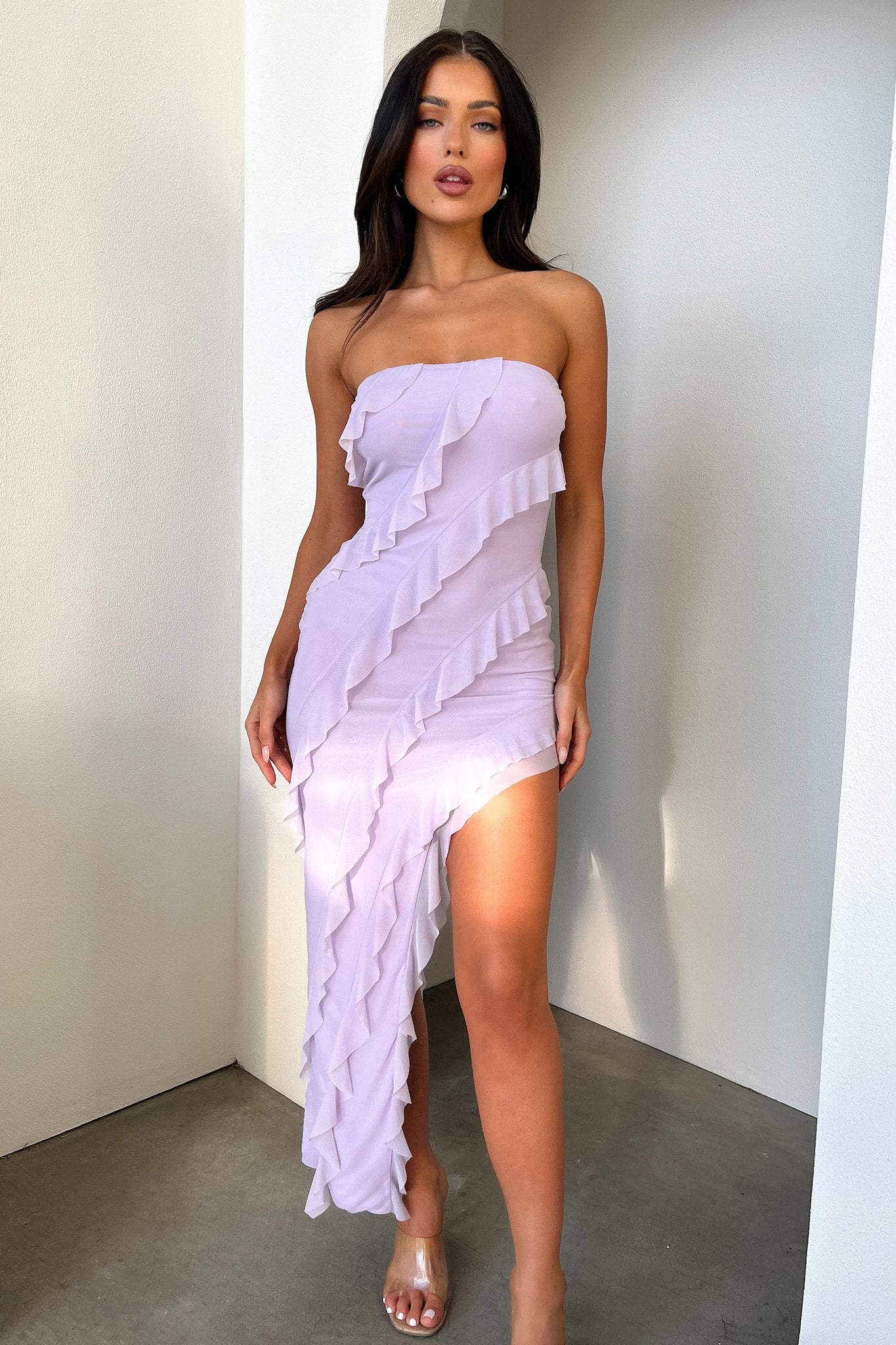 Jadore Strapless Ruffle Midi Dress - Lilac