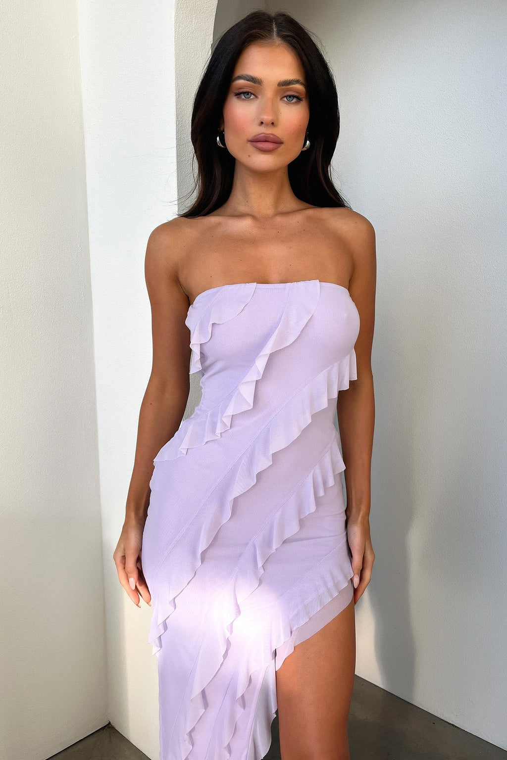 Jadore Strapless Ruffle Midi Dress - Lilac