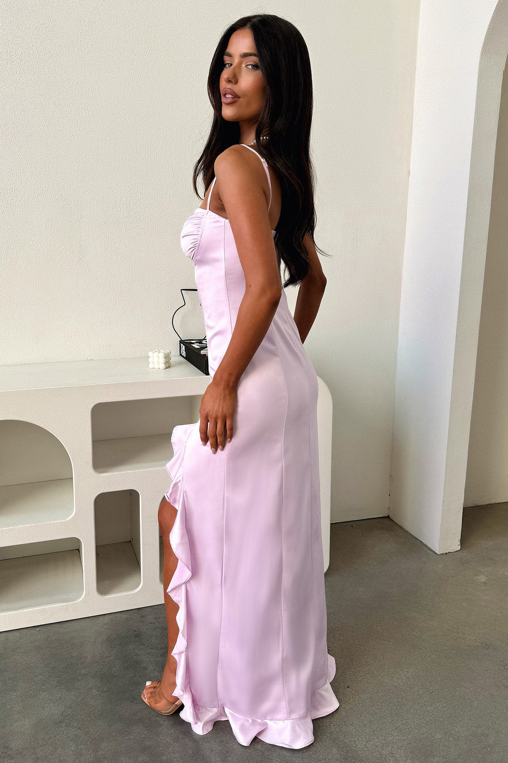 Lauren Ruffle Trim Satin Maxi Dress - Lilac