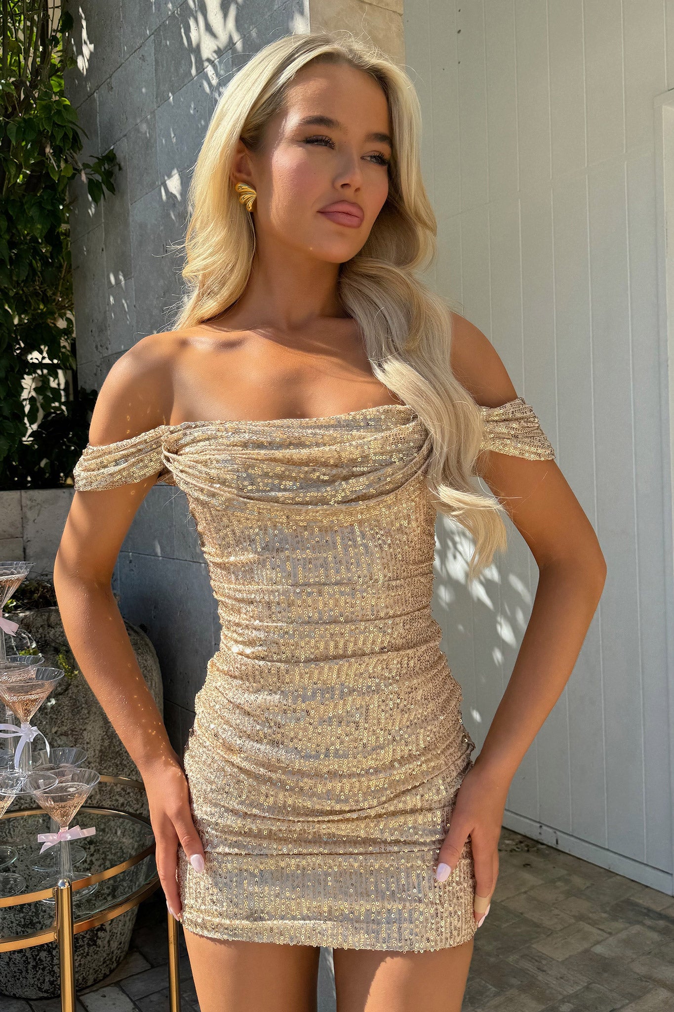 Nara Off Shoulder Sequin Mini Dress - Champagne