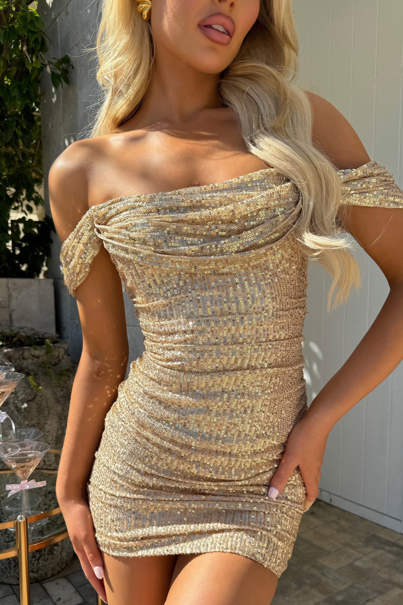 Nara Off Shoulder Sequin Mini Dress - Champagne