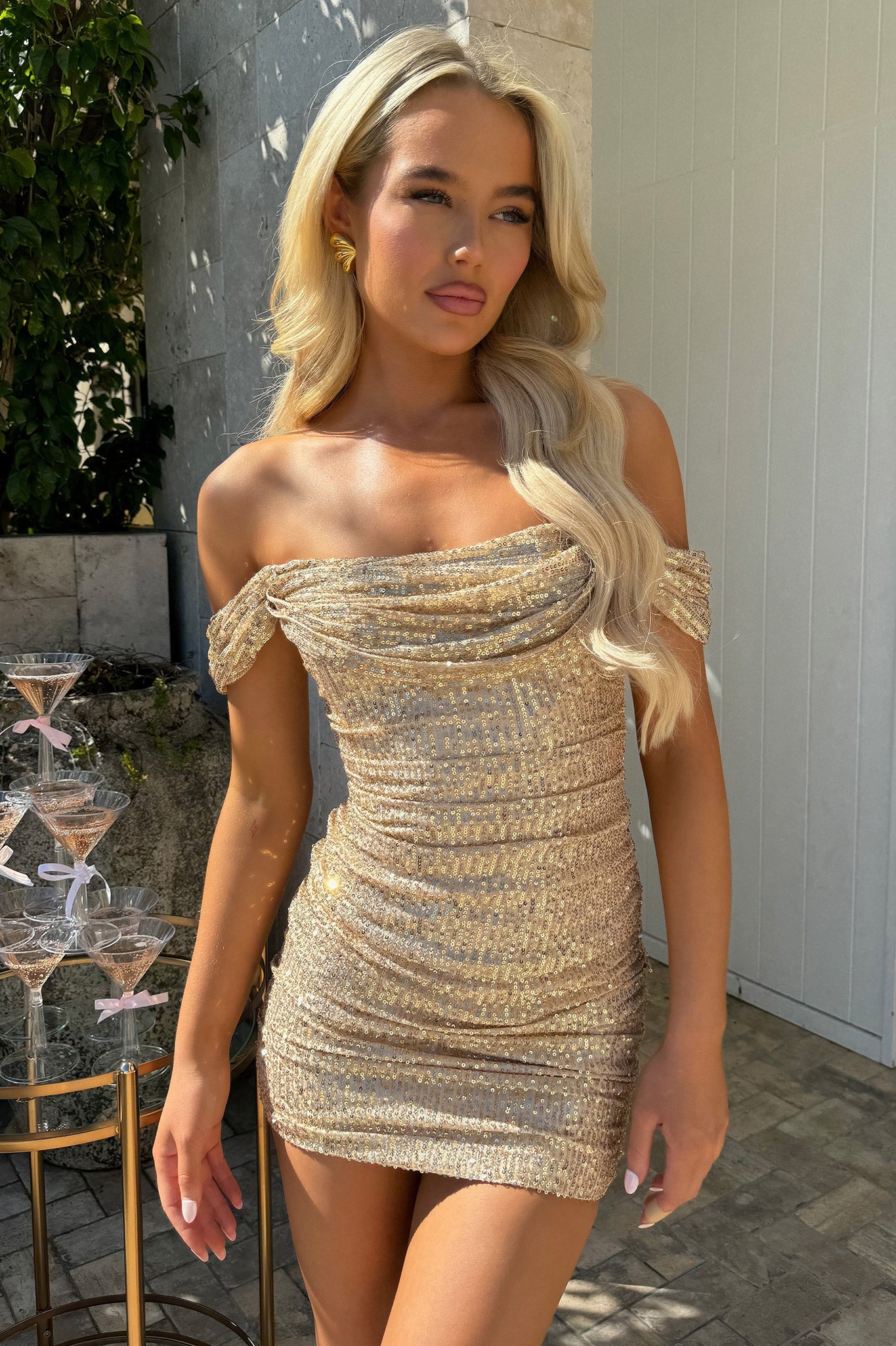 Nara Off Shoulder Sequin Mini Dress - Champagne