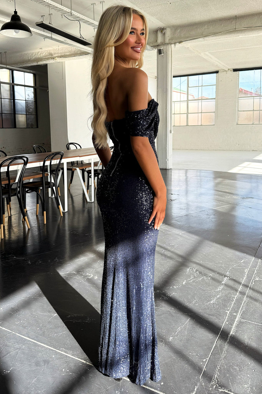 Nara Off Shoulder Sequin Maxi Dress - Navy