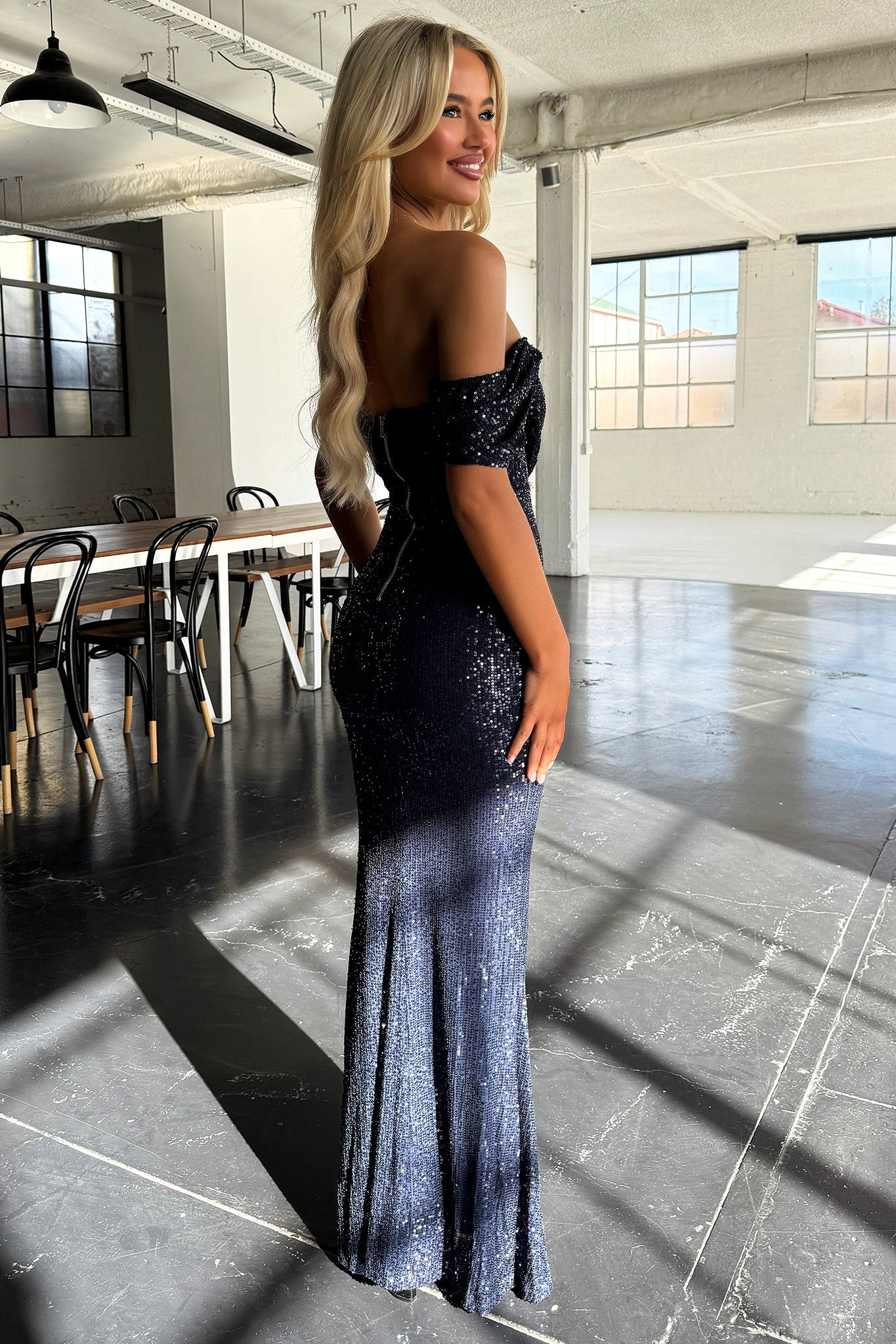 Nara Off Shoulder Sequin Maxi Dress - Navy
