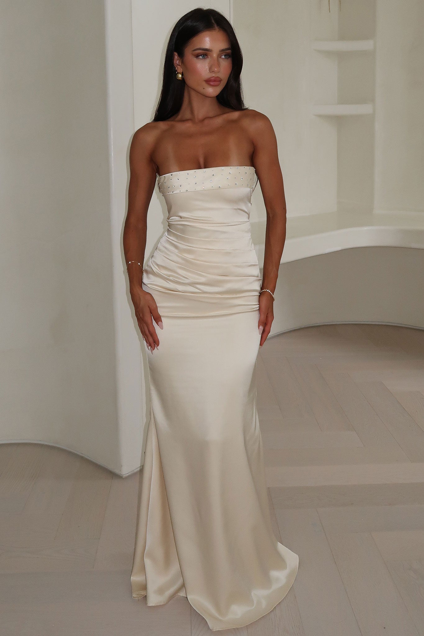 Ophelia Strapless Embellished Satin Maxi Dress - Champagne