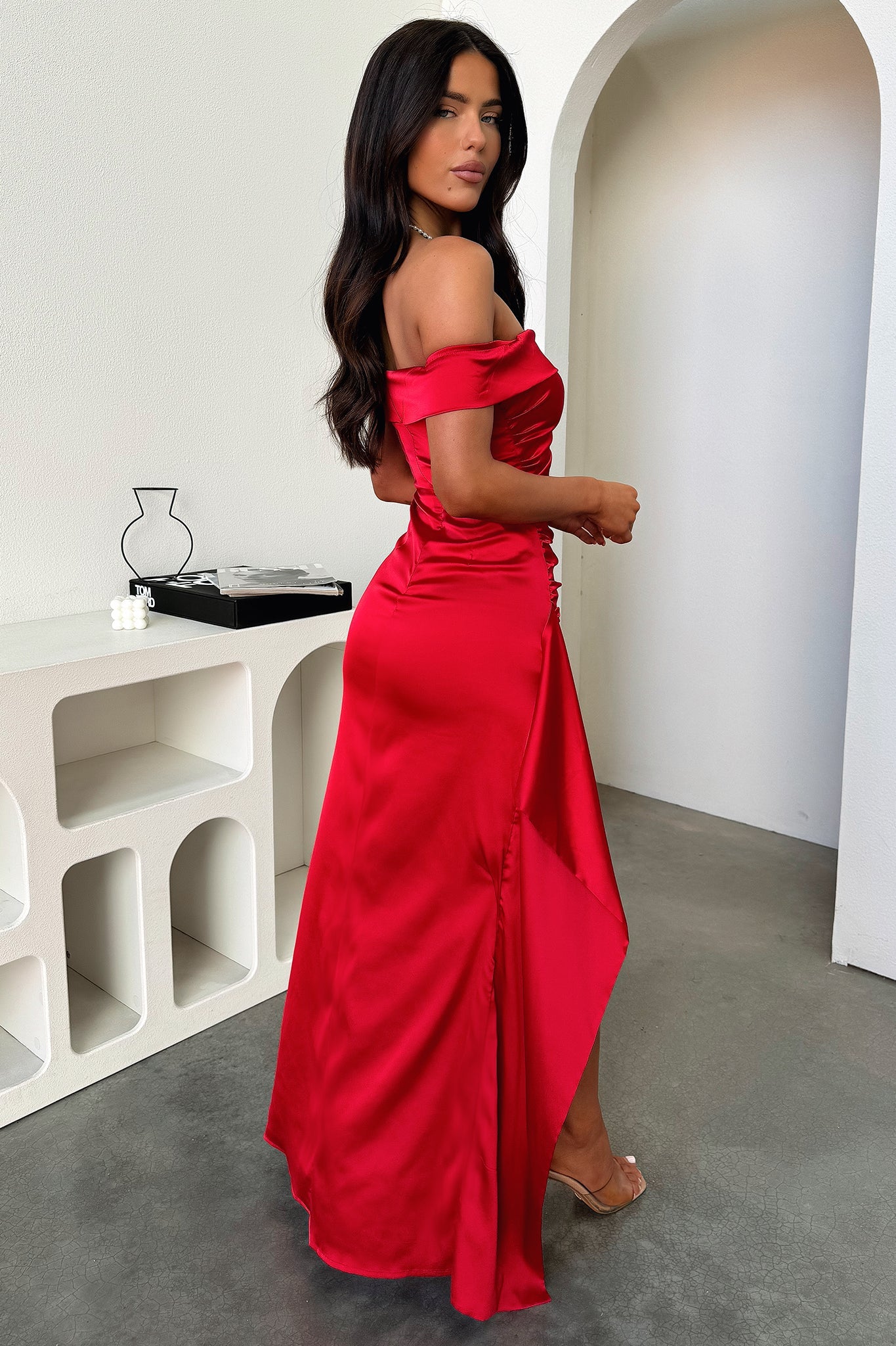 Saoirse Off Shoulder Satin Maxi Dress - Red