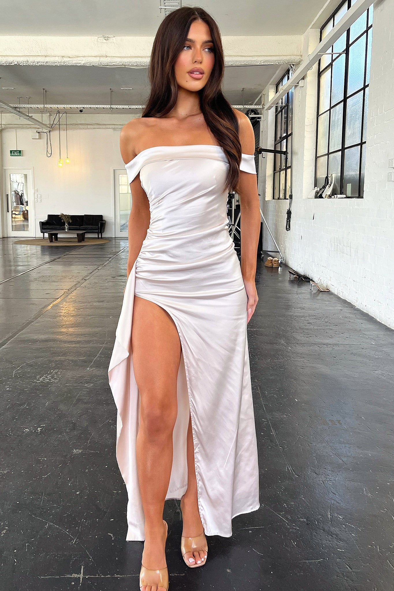 Saoirse Off Shoulder Satin Maxi Dress - Champagne