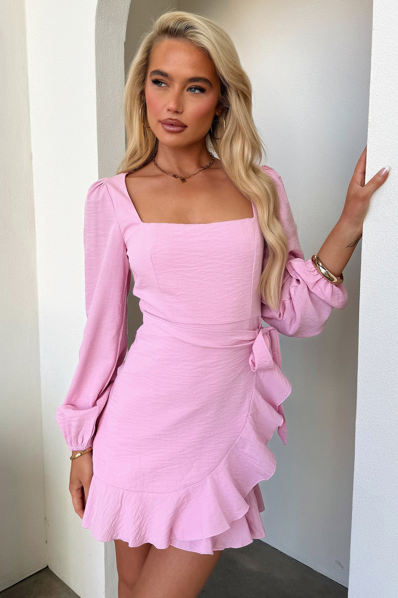 Silvana Long Sleeve Wrap Mini Dress - Pink