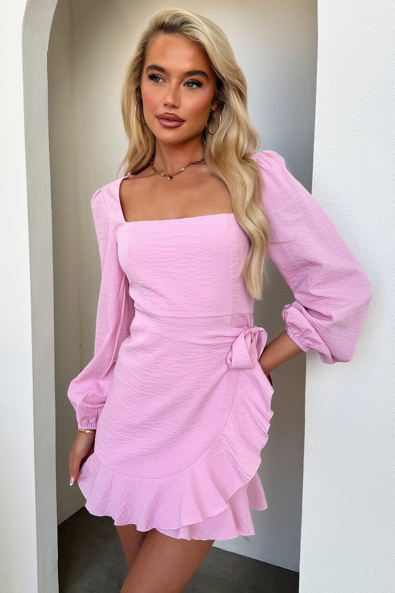 Silvana Long Sleeve Wrap Mini Dress - Pink