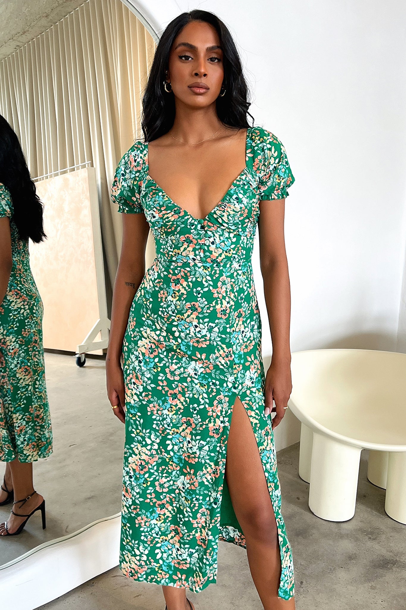 Solem Midi Dress - Dark Green Floral