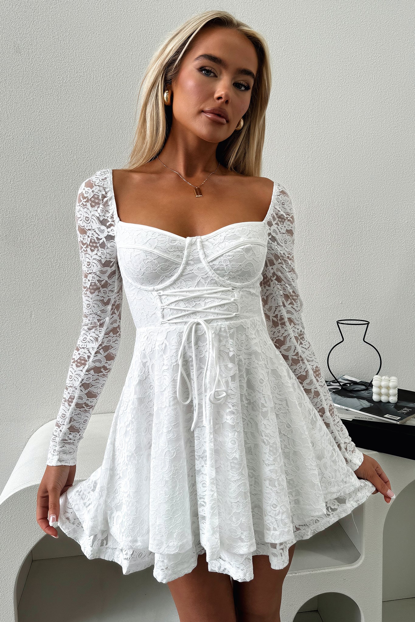 Tate Long Sleeve Lace Dress - White