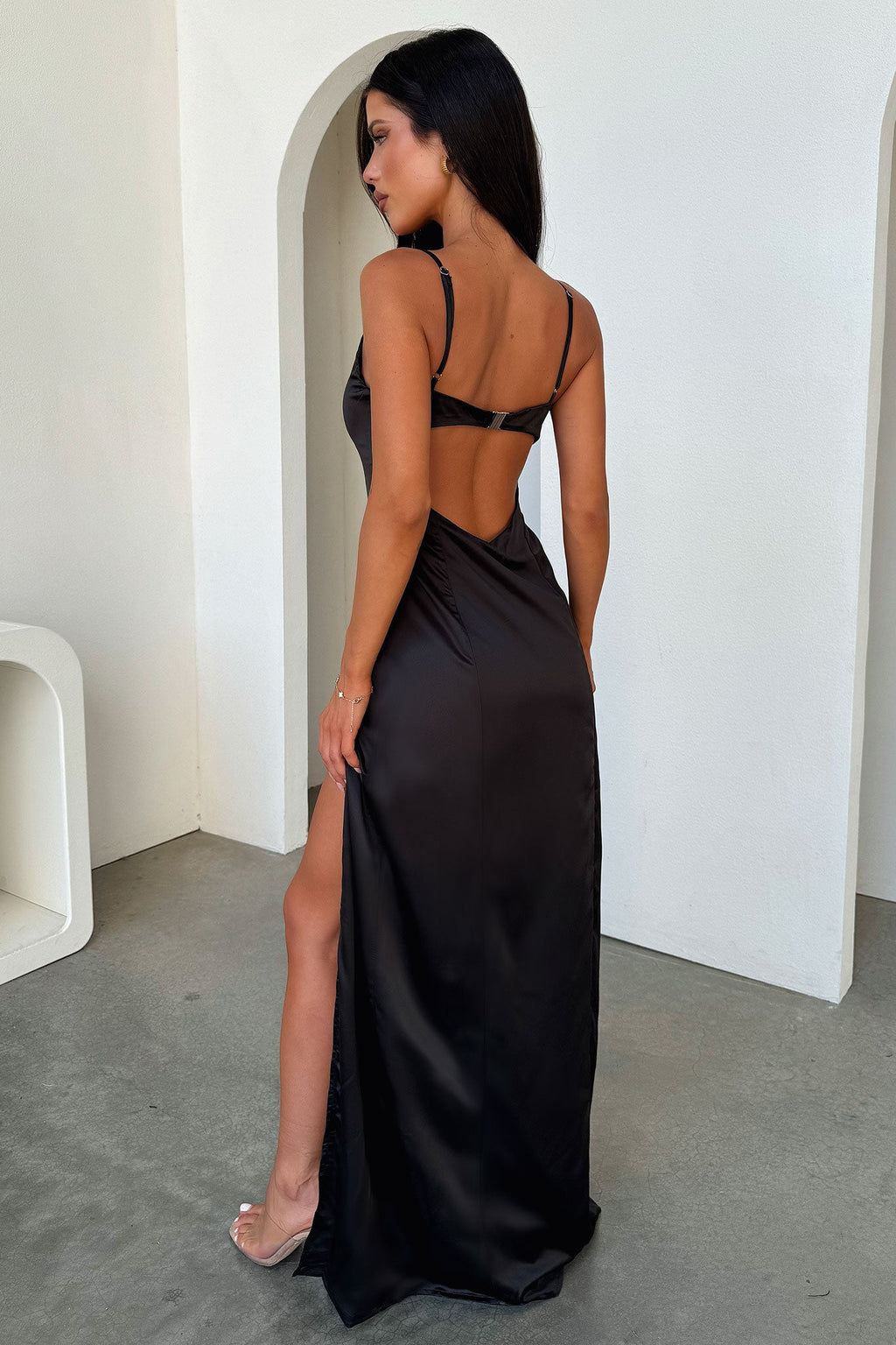 Violetta Scoop Neck Satin Maxi Dress - Black