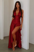 Wrenly V-Neck Satin Maxi Dress - Burgundy